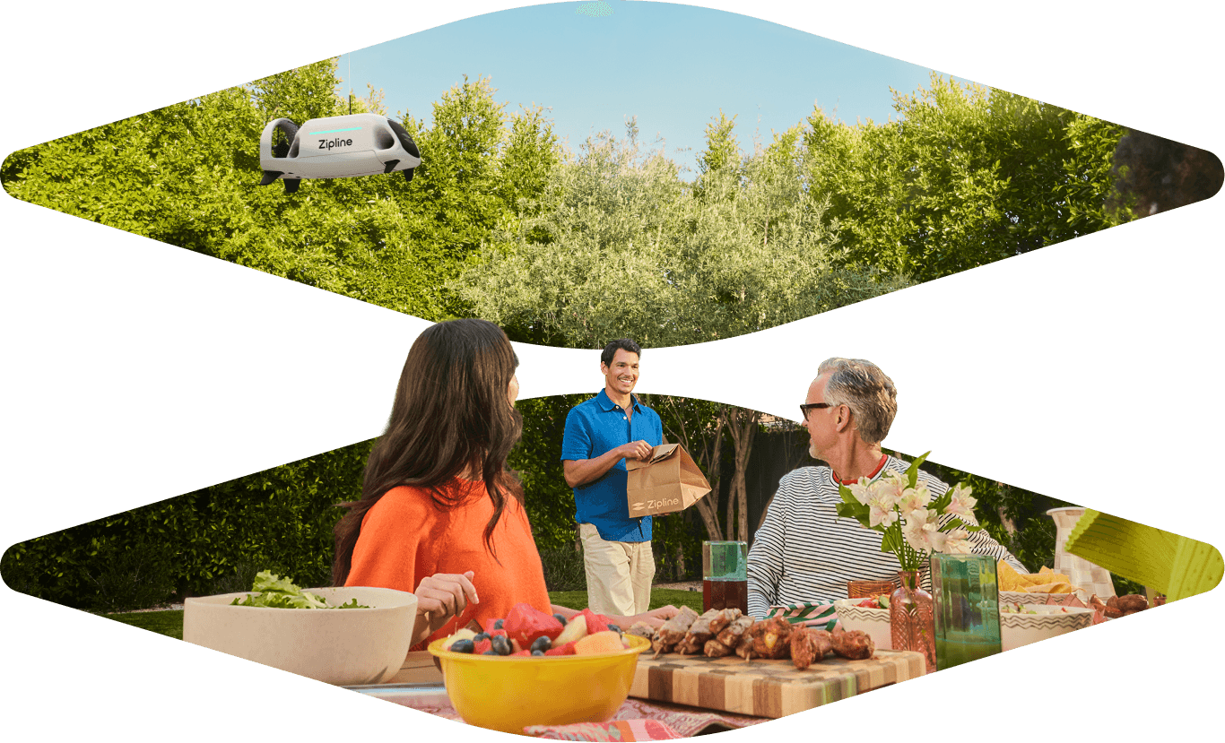 Person bringing a Zipline delivery bag to friends at an outdoor table.