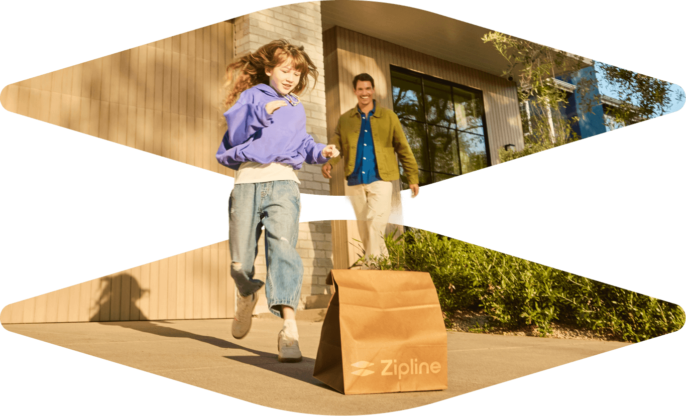 Child running to pick up a Zipline delivery bag outside a home.