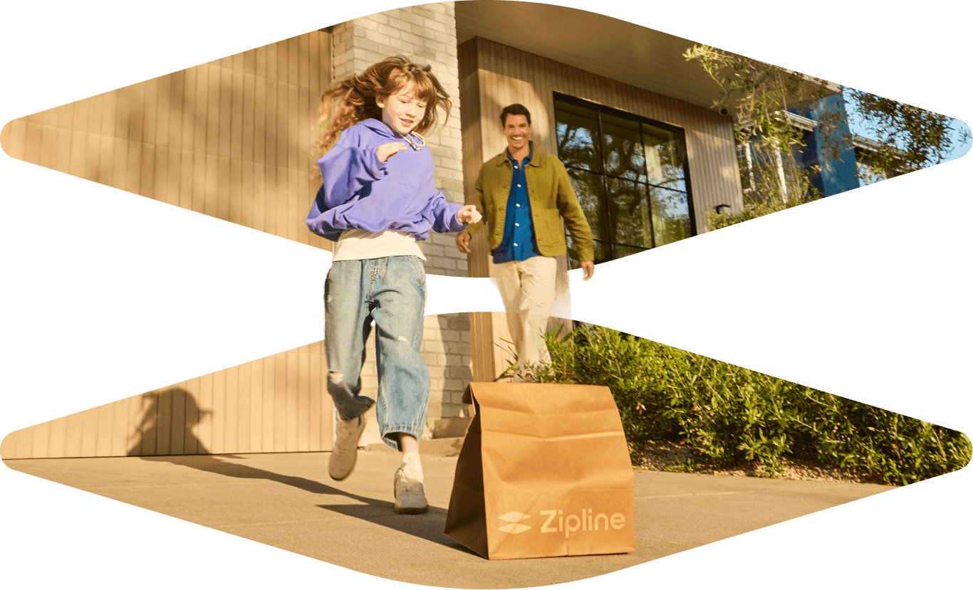 Child running to pick up a Zipline delivery bag outside a home.