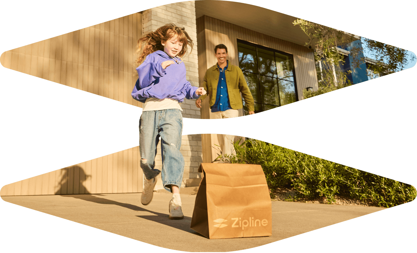 Child running to pick up a Zipline delivery bag outside a home.