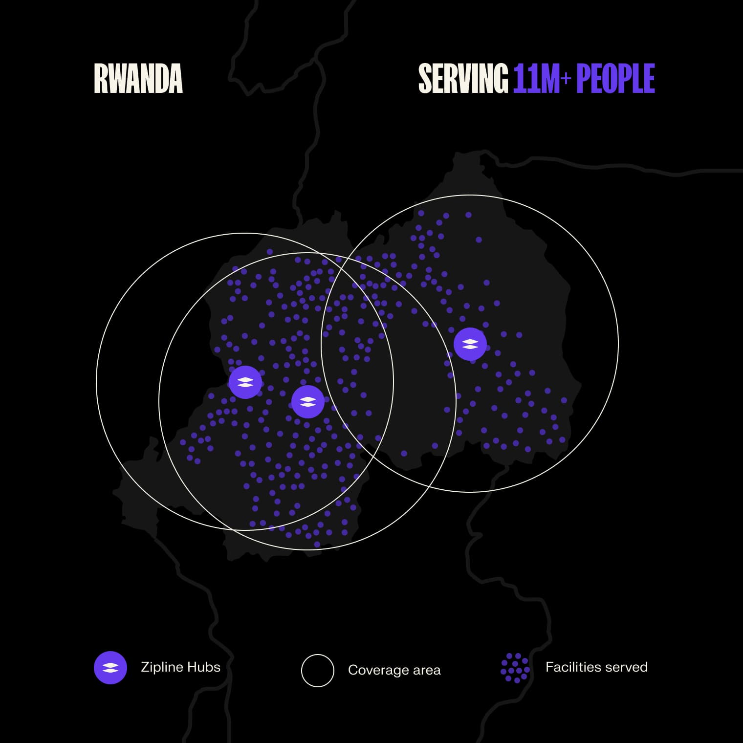 Map of Rwanda showing Zipline hubs, coverage areas, and facilities served across the country.