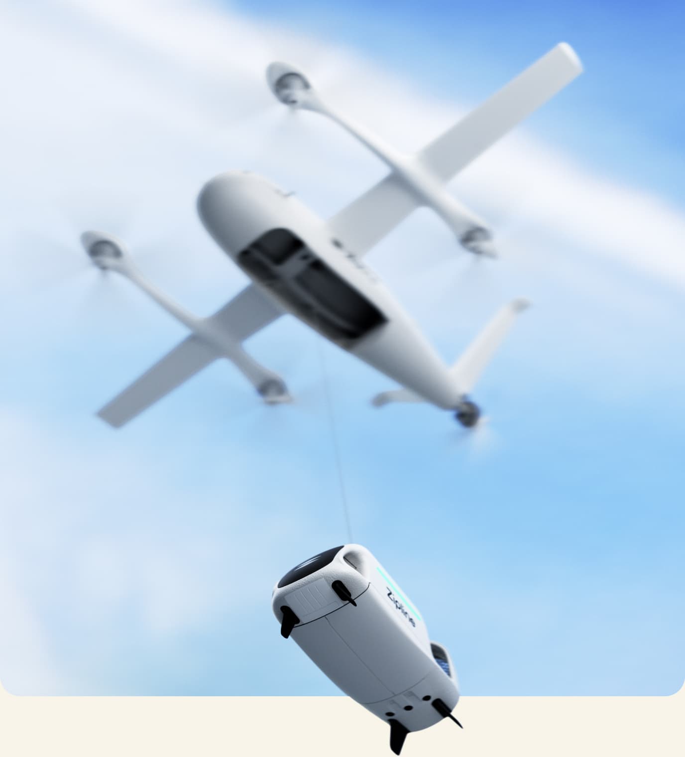 Zipline drone in flight lowering a delivery pod on a tether.